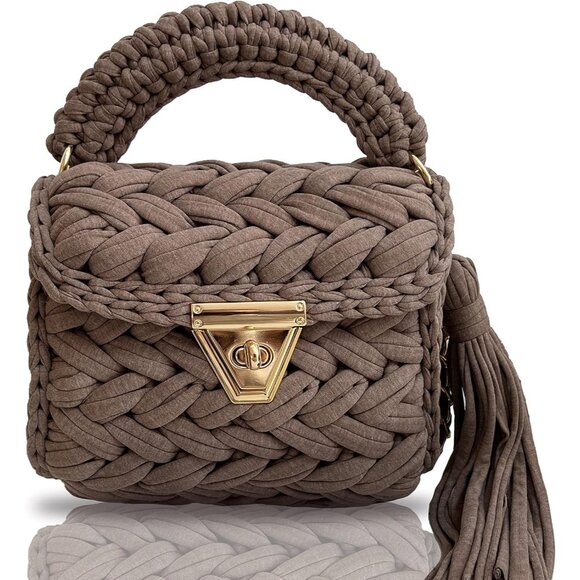 Women's Grey Handmade Crochet Evening Small Formal Flap Crossbody Clutch Bag - Picture 1 of 6